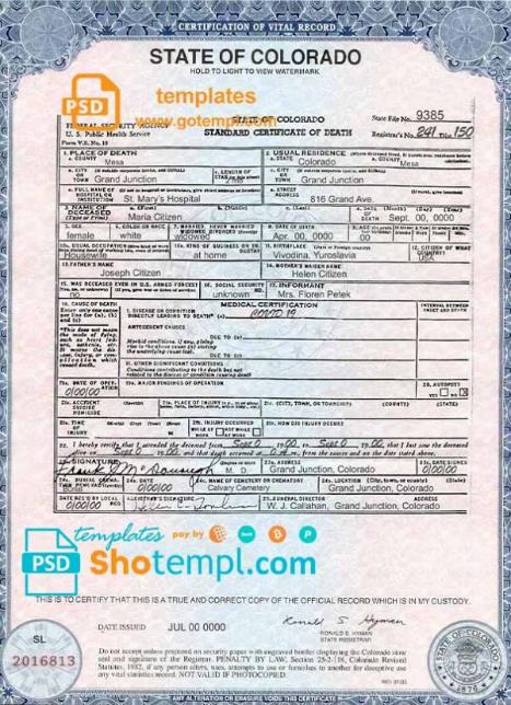 editable template, USA Colorado state death certificate template in PSD format, fully editable