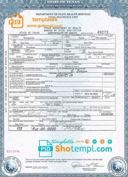 editable template, USA Texas state death certificate template in PSD format, fully editable, version 2
