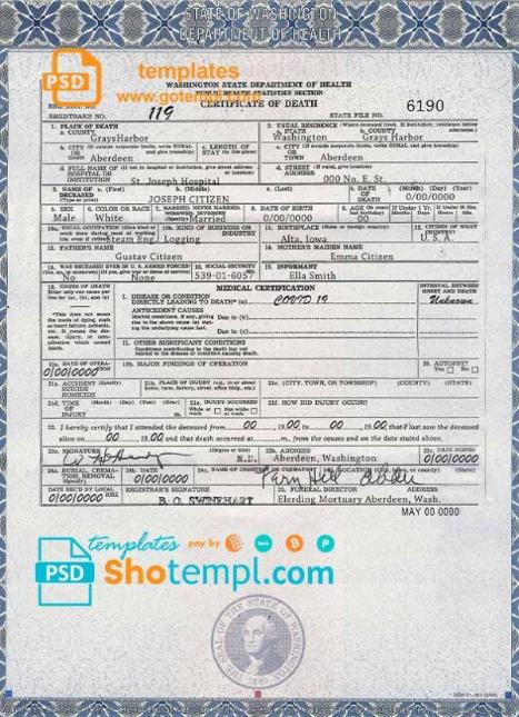 editable template, USA Washington state death certificate template in PSD format, fully editable