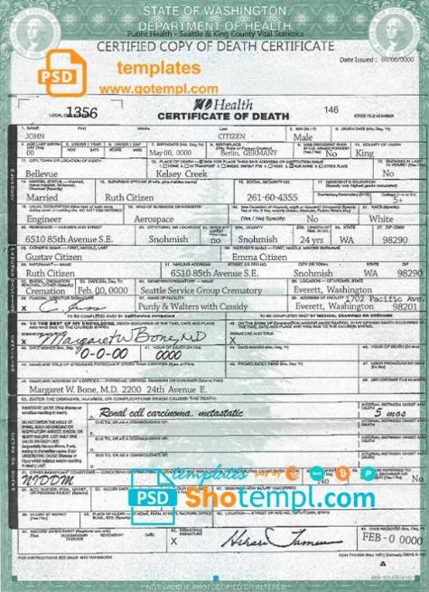 editable template, USA Washington state death certificate template in PSD format, fully editable, version 2