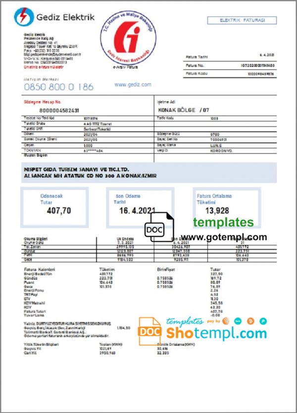 editable template, Turkey Gediz Elektrik utility bill template in Word and PDF format, fully editable