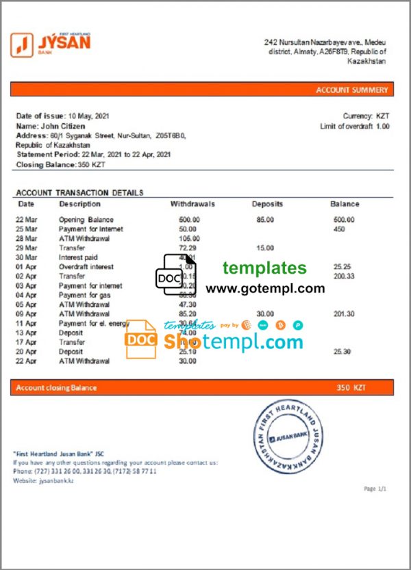 editable template, Kazakhstan First Heartland Jusan Bank statement template in Word and PDF format