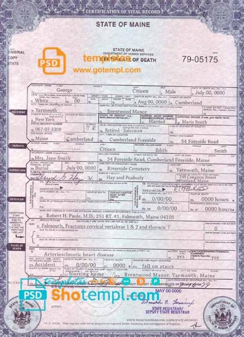 editable template, USA Maine state death certificate template in PSD format, fully editable
