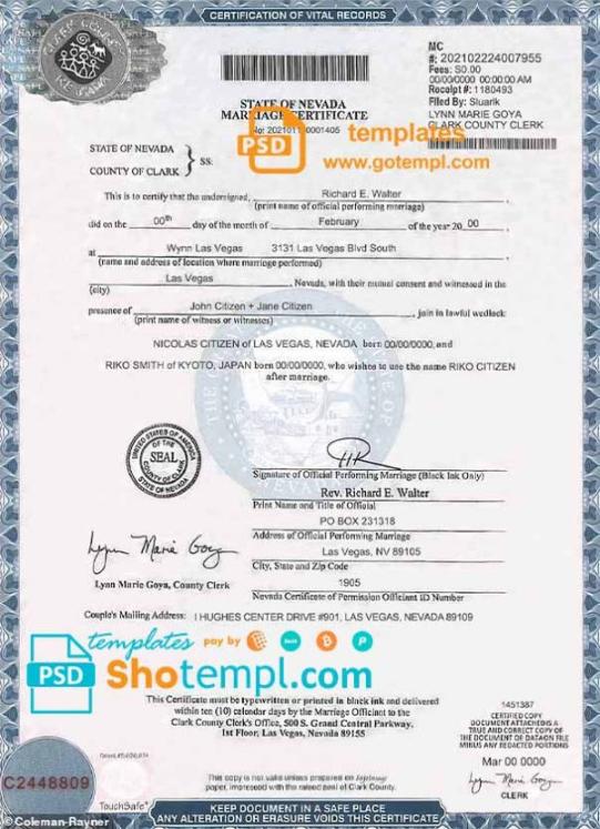 editable template, USA Nevada state marriage certificate template in PSD format, fully editable
