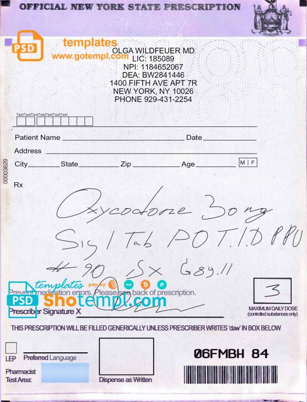 editable template, USA New York state prescription template in PSD format, fully editable