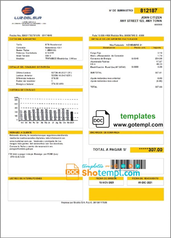 editable template, Peru Luz de Sur utility bill template in Word and PDF format, fully editable