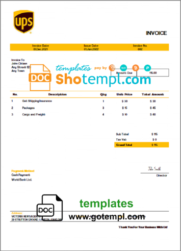 editable template, USA UPS invoice template in Word and PDF format, fully editable