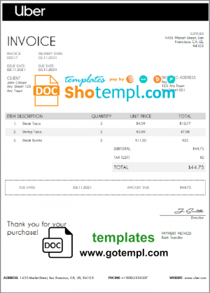 USA Uber invoice template in Word and PDF format, fully editable