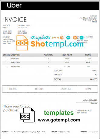 editable template, USA Uber invoice template in Word and PDF format, fully editable