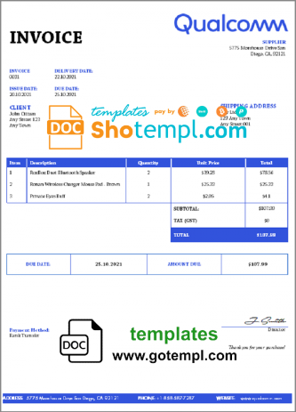 editable template, USA Qualcomm invoice template in Word and PDF (.doc and .pdf) format