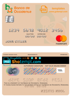 editable template, Honduras Banco de Occidente mastercard credit card fully editable template in PSD format