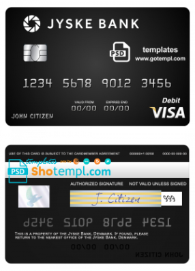 editable template, Denmark Jyske Bank visa debit card template in PSD format