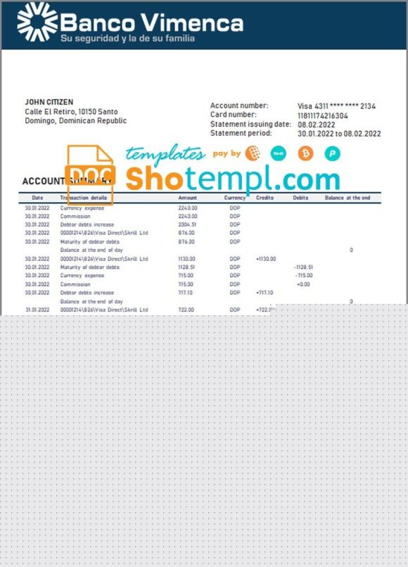 editable template, Dominican Republic Banco Vimenca proof of address bank statement template in Word and PDF format