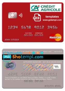 editable template, France Credit Agricole Bank mastercard credit card template in PSD format