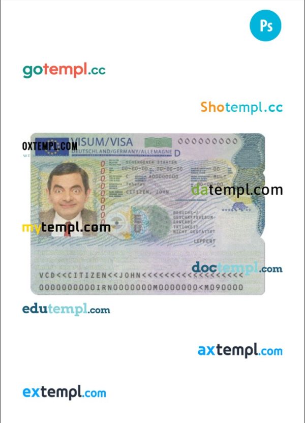 editable template, Germany Schengen visa template in PSD format, 2 PSD files fully editable, 2018 - present