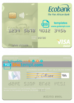 editable template, Ghana Ecobank Ghana visa debit card template in PSD format