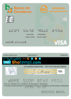 editable template, Honduras Banco de Occidente visa card fully editable template in PSD format