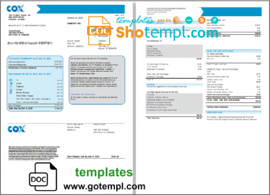 editable template, USA COX utility bill template in Word and PDF format