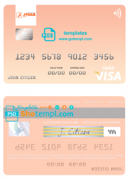 editable template, Kazakhstan First Heartland Jýsan Bank visa card fully editable template in PSD format