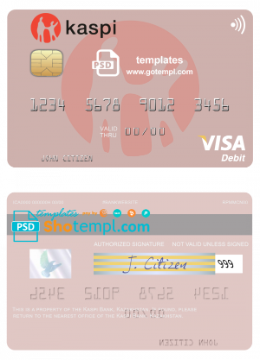 editable template, Kazakhstan Kaspi Bank visa card fully editable template in PSD format