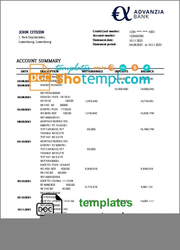 editable template, Luxembourg Advanzia bank proof of address statement template in Word and PDF format, .doc and .pdf format