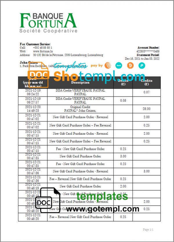 editable template, Luxembourg Fortuna Banque bank proof of address statement template in Word and PDF format, .doc and .pdf format