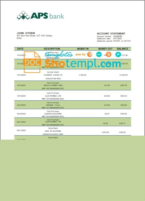 editable template, Malta APS bank statement template in Word and PDF format