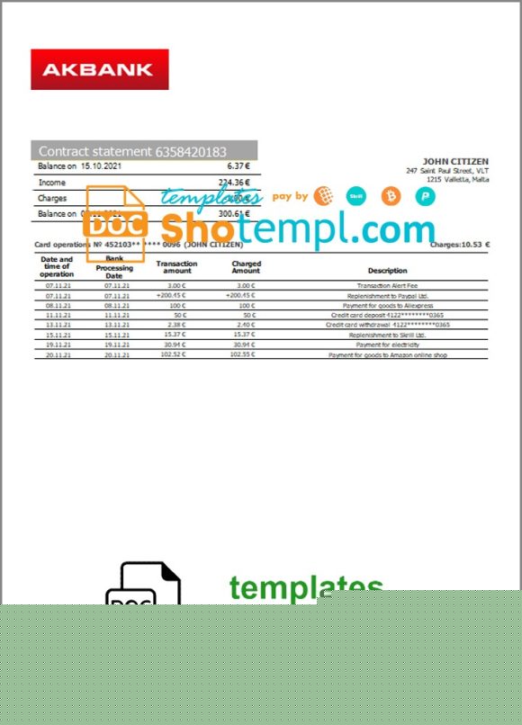 editable template, Malta Akbank bank statement template in Word and PDF format