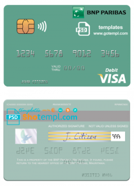 editable template, Mauritania BNP Paribas visa card fully editable template in PSD format