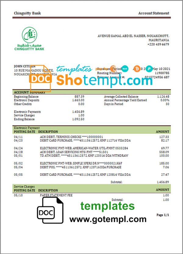 editable template, Mauritania Chinguitty bank statement template in Word and PDF format