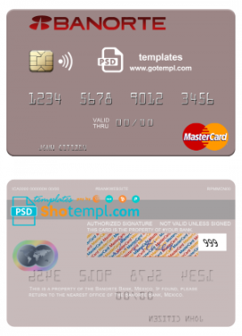 editable template, Mexico Banorte bank mastercard credit card template in PSD format