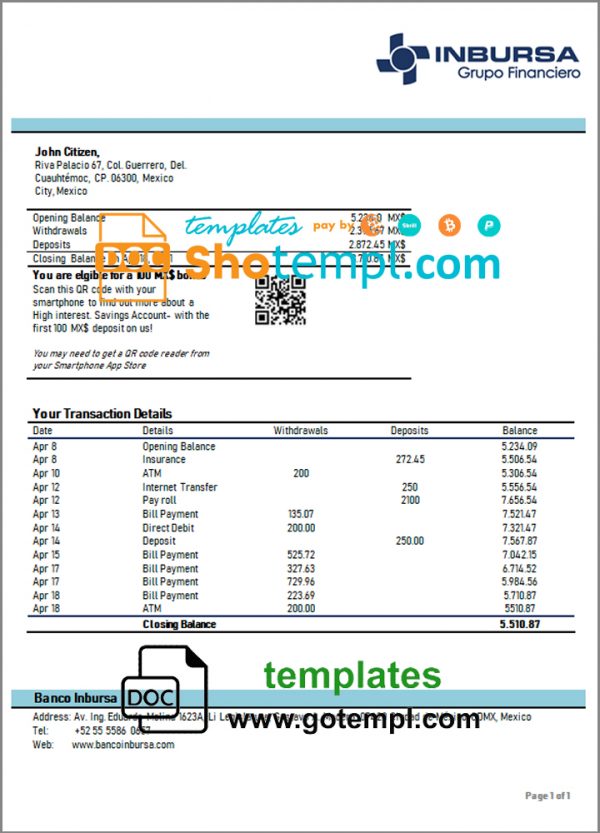 editable template, Mexico Inbursa Bank statement easy to fill template in Word and PDF format