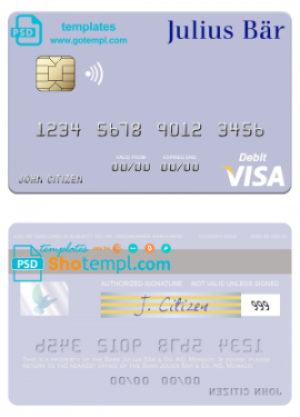 editable template, Monaco Julius Bär & Co. AG bank visa debit card, fully editable template in PSD format