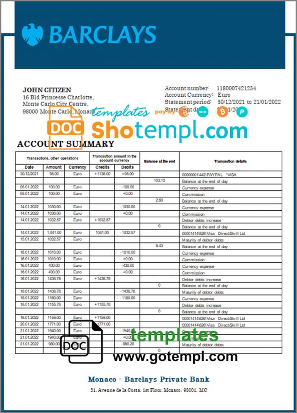 editable template, Monaco Barclays Private Bank statement easy to fill template in Word and PDF format