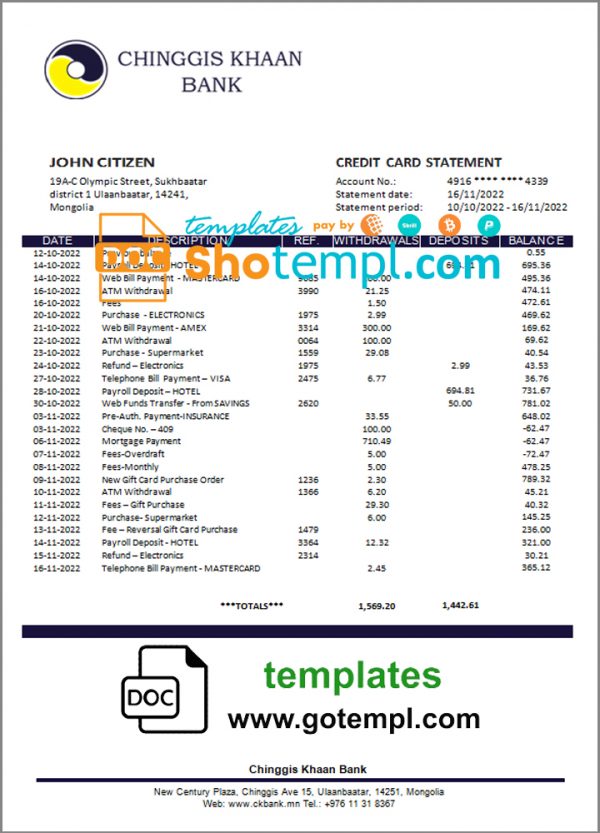 editable template, Mongolia Chinggis Khaan bank statement template in Word and PDF format