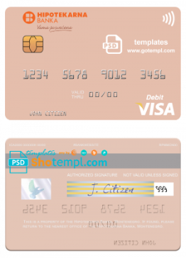 editable template, Montenegro Hipotekarna bank visa debit card, fully editable template in PSD format