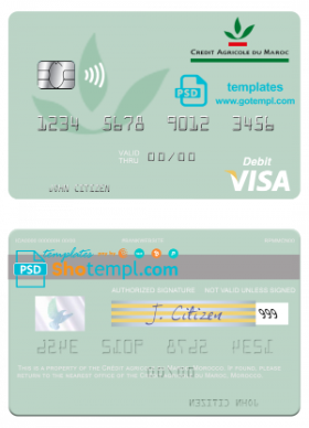 editable template, Morocco Crédit Agricole du Maroc bank visa debit card, fully editable template in PSD format