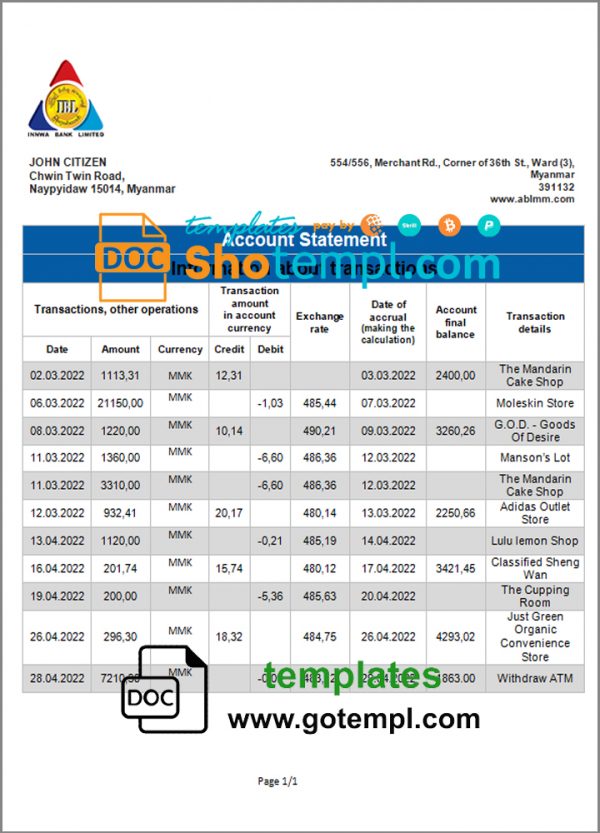 editable template, Myanmar Innwa bank statement template in Word and PDF format