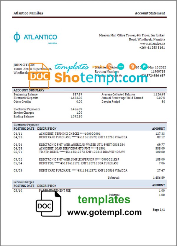 editable template, Namibia Atlantico bank statement template in Word and PDF format