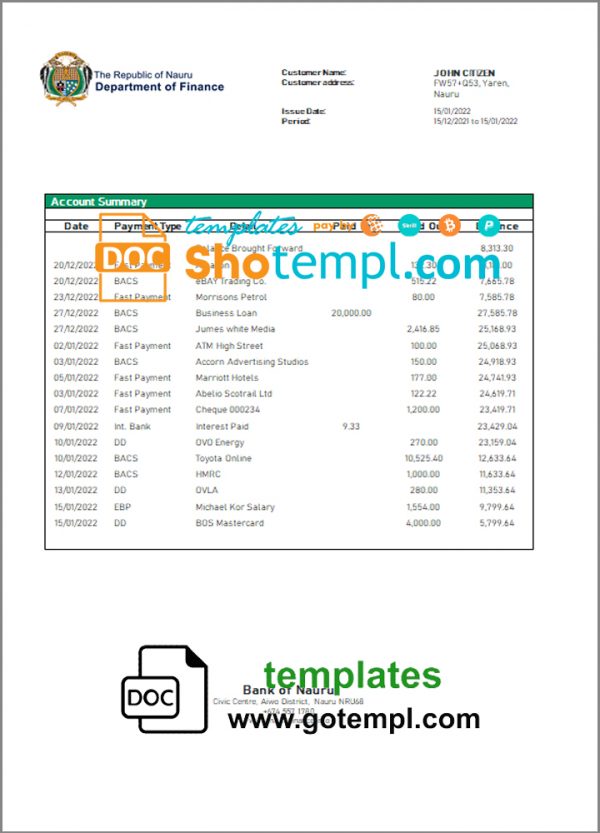 editable template, Nauru Bank of Nauru bank statement template in Word and PDF format