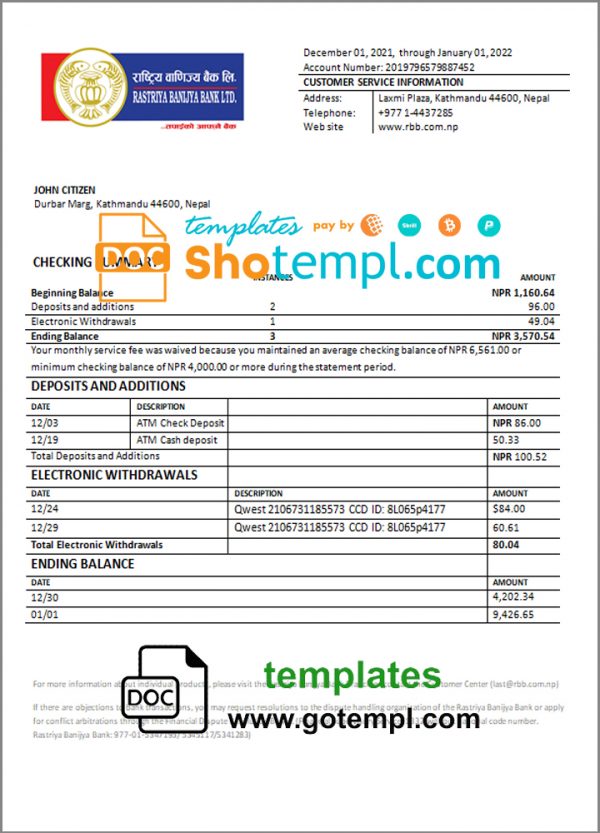 editable template, Nepal Rastriya Banijya Bank bank statement template in Word and PDF format