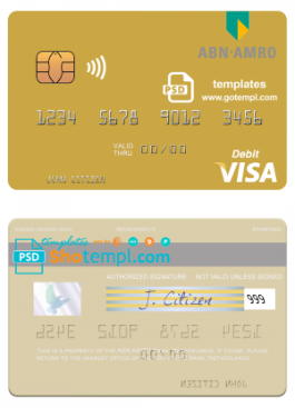 editable template, Netherlands ABN AMRO Bank visa debit card template in PSD format