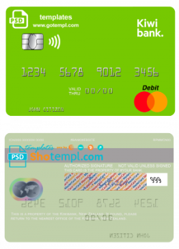 editable template, New Zealand Kiwibank mastercard credit card template in PSD format