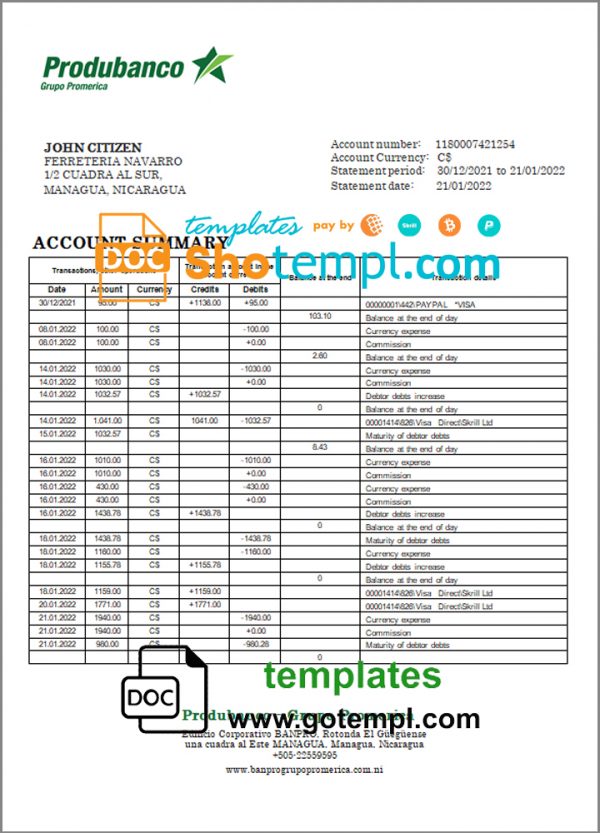 editable template, Nicaragua Banco de la Producción bank statement template in Word and PDF format