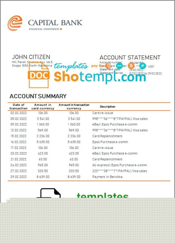editable template, North Macedonia Capital Bank bank statement template in Word and PDF format