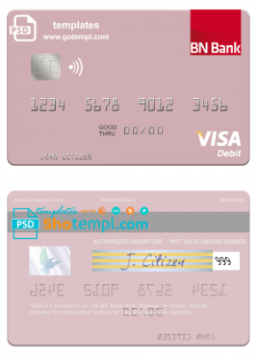 editable template, Norway BN Bank ASA visa debit card, fully editable template in PSD format