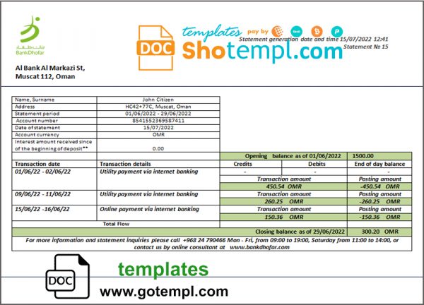 editable template, Oman Bank Dhofar bank statement template in Word and PDF format