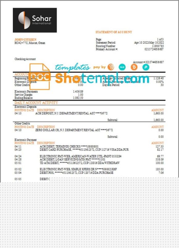 editable template, Oman Sohar International bank statement template in Word and PDF format