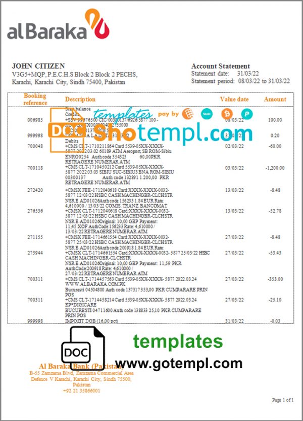 editable template, Pakistan Al Baraka bank statement template in Word and PDF format