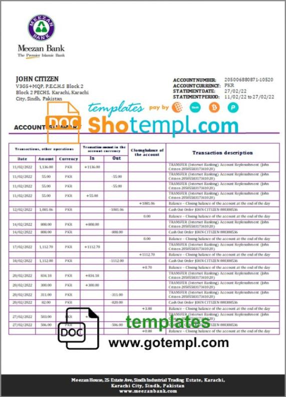 editable template, Pakistan Meezan bank statement template in Word and PDF format